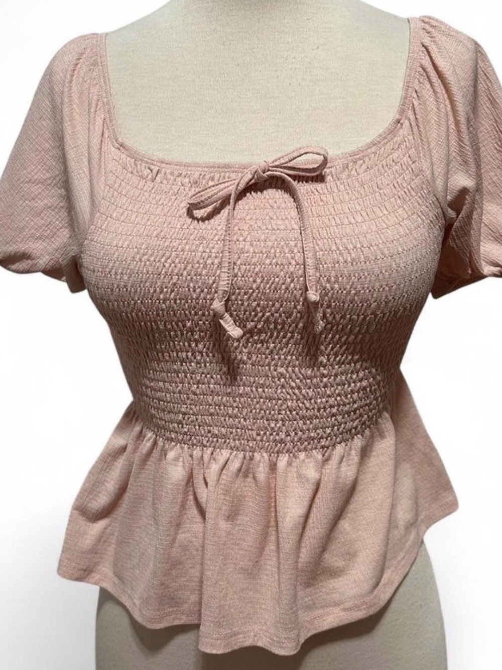 Smocked Peplum Blouse with Tie-Front in Blush Pink